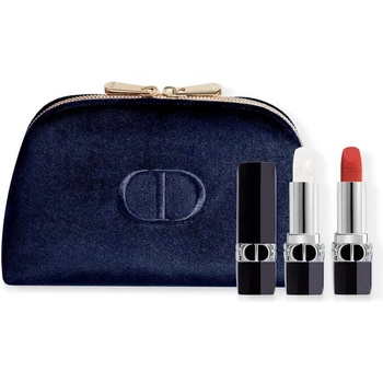 Dior Комплект Christian Dior: Couture Colour Velvet кремообразно червило 720 Icone пълнител 3.5 мл + Couture Colour балсам за устни 000 Diornatural пълнител 3.5 г + текстилна несесер за грим син