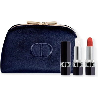 Dior Комплект Christian Dior: Couture Colour Velvet кремообразно червило 720 Icone пълнител 3.5 мл + Couture Colour балсам за устни 000 Diornatural пълнител 3.5 г + текстилна несесер за грим син