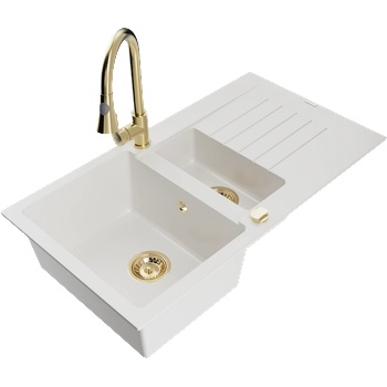 Mexen Matias гранитна мивка 1, 5-коморна с отцедник и кухненски смесител Elia, бял - 6502-20-670101-50 (6502-20-670101-50)