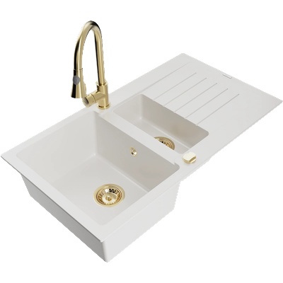 Mexen Matias гранитна мивка 1, 5-коморна с отцедник и кухненски смесител Elia, бял - 6502-20-670101-50 (6502-20-670101-50)