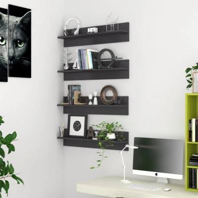 vidaXL Стенни рафтове, 4 бр, сив гланц, 80x11, 5x18 см, инженерно дърво (807350)