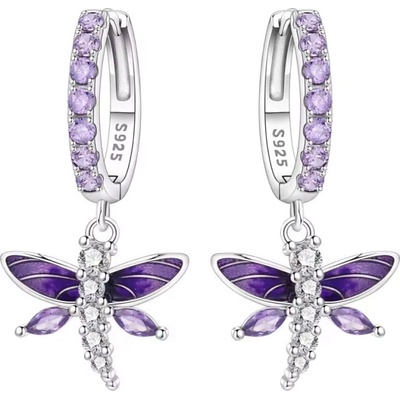 GRACE Silver Jewellery Stříbrné visací náušnice fialová vážka - stříbro 925/1000 E-OTE4343-VT/399 Fialová