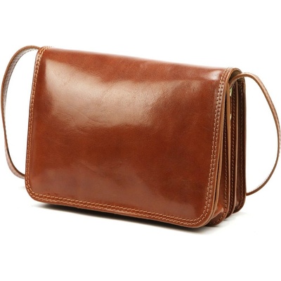 Čtyřoddílová lovecká středně velká celokožená crossbody kabelka Florence no. 108 světlehnědá