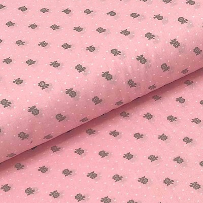 Bavlněné plátno P0502 růžové, bílé tečky, šedý květ, š.140