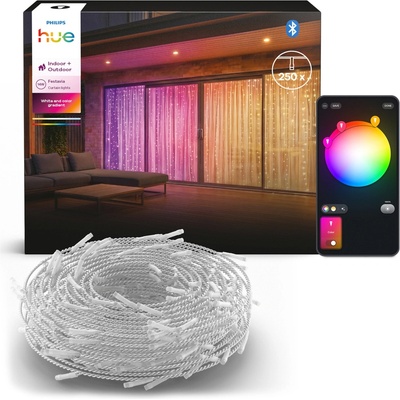 Světelná clona 1,35 × 2 m LED vánoční světýlka 250 LED IP44 bílá a barevný přechod RGBIC inteligentní SMART Zigbee Bluetooth Festavia Curtain Philips HUE