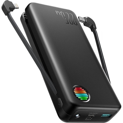 JOYROOM Fast Charging Power Bank 22.5W 20000 mAh - външна батерия с вградени USB-C и Lightning кабели и USB-C, USB-A портове и технология за бързо зареждане (черен)