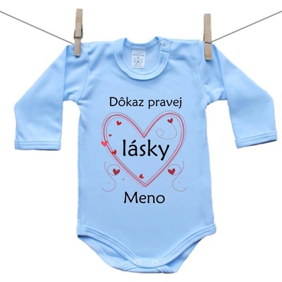 Boodyy Modré body s dlhým rukávom Dôkaz pravej lásky s menom dieťatka