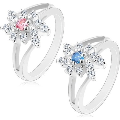 Šperky eshop Blýskavý prsten se zahnutými rozdvojenými rameny broušené kulaté zirkony V14.02 Modrá