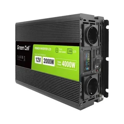 Green Cell Инвертор green cell, 12/220v, dc/ac, 2000w/4000w, invgcp2000lcd lcd Чиста синусоида (gc-inv-12v-2000w-p2000lcd)