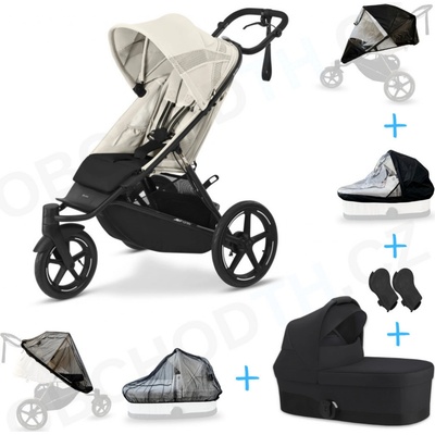 Cybex Set 6v1 Avi Spin Seashell Beige 2024 + korba Cot S Moon Black + adaptéry + pláštěnky Thule + ochranná síť