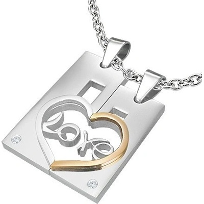 Šperky eshop Dvojpřívěsek z oceli pro zamilované Love obdélník a srdce AB31.15