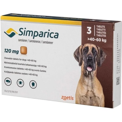 Zoetis Simparica 120 mg Симпарика дъвчащи таблетки за кучета от 40 до 60 kg, 3 бр