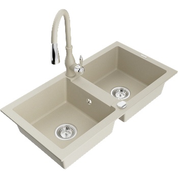 Mexen Mario гранитна мивка с 2 отделения с кухненски смесител Savita, бежов - 6504-69-672601-69 (6504-69-672601-69)