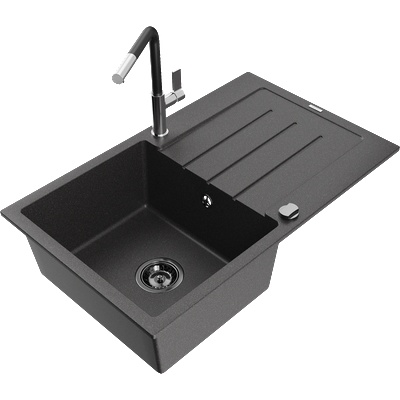 Mexen Bruno гранитна мивка с 1 отделение и отцедник с кухненски смесител Flora, черен на петна - 6513-76-670401-07-B (6513-76-670401-07-B)