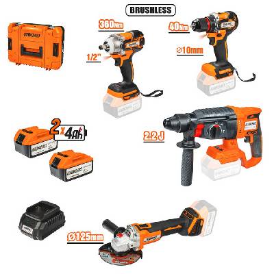 Акумулаторни инструменти Baukraft BK-4-1 (Ъглошлайф BK-BAG73+Винтоверт BK-BCD40+Перфоратор BK-BRH-58+Гайковерт BK-BCIW08) 18V / 2x4Ah, безчеткови - в куфар (030613)