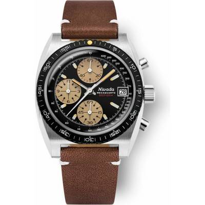 Nivada Grenchen Autochron Meca - Brown Leather White Stitching