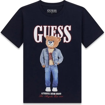 GUESS Тъмно синя тениска за момче с бял надпис Guess с цветно мече