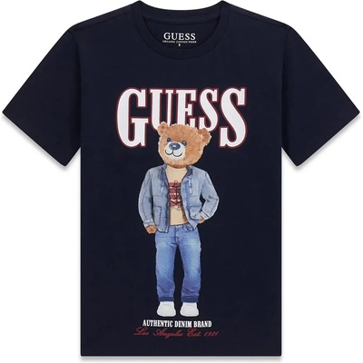 GUESS Тъмно синя тениска за момче с бял надпис Guess с цветно мече