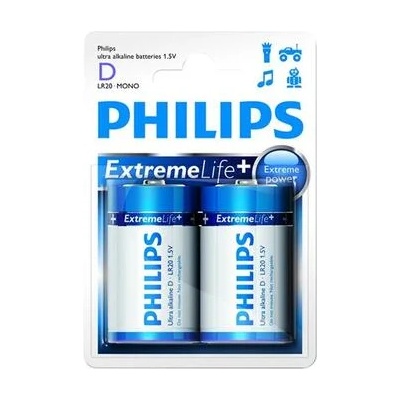 Philips Батерии Philips Ultra Alkaline LR20 D, ExtremeLife+, 2 броя (LR20E2B/10)