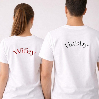 Trička s potiskem WIFEY a HUBBY, pro pár Barva: Bílá, Velikosti: On M Ona S, Varianta potisku: Na zádech