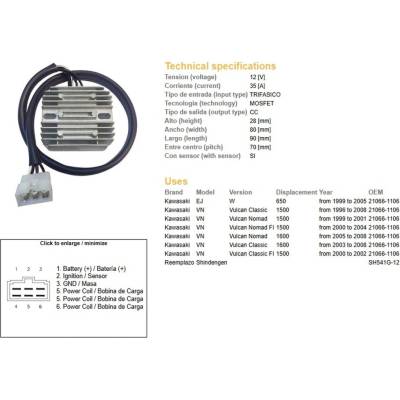 DZE regulátor napětí KAWASAKI W 650 99-05; VN 1500 VULCAN 96-08; VN 1600 00-08 (21066-1106) (ESR264) (SH541G-12)