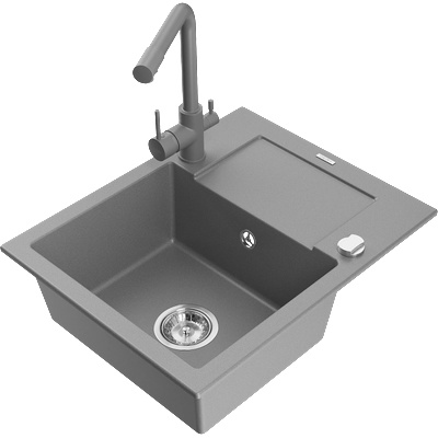 Mexen Enzo гранитна мивка с 1 камера и отцедник, със смесител за кухня Duero, сив - 6506-71-671600-71 (6506-71-671600-71)