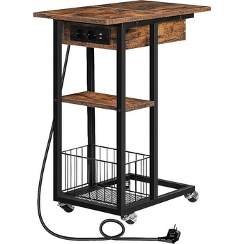 Image 1 of Hoobro Помощна масичка със зарядна станция, място за съхранение и колелца черно / кафяво рустик