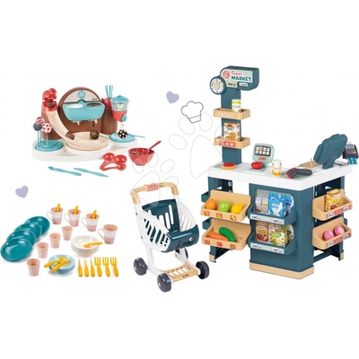 Smoby Set obchod elektronický s váhou a skenerom Super Market a hravá kuchárka s receptami na výrobu sladkostí a jedálenská súprava