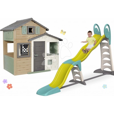 Smoby Set domček Priateľov a nastaviteľná šmykľavka Friends Evo Playhouse Green rozšíriteľný dĺžka šmyku 3,6 metra s UV filtrom