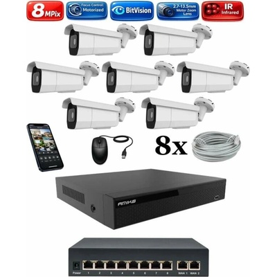 Amiko IP 7 kamerový set so switchom Varifokal 4K Ultra HD 8Mpix Tube 1805K7V2