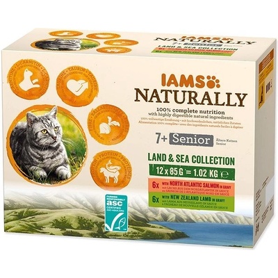 Iams Naturally pre mačacích seniorov s jahňacím a lososovým mäsom v omáčke 12 x 85 g