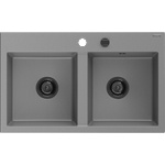 Mexen Hektor кухненска мивка от гранит, с два басейна 800 x 480 mm, сива, черен сифон - 6521802000-71-B (6521802000-71-B) Мивка за вграждане