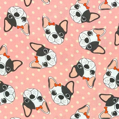Bavlněný atlas růžový, puntíky, hlavy buldočků, š.140