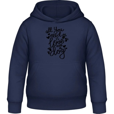 AWDis detská mikina s Kapucňu Nápis All you need is love and a Dog Oxfordská modrá