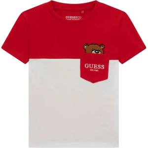 GUESS Двуцветна тениска за мини момче в червено и бяло с джоб и сладко мече Guess