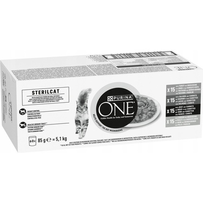 Purina ONE Sterilised kapsičky hovězí, kuře, losos, krůta ve šťávě 60 x 85 g