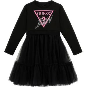 Guess Комбинирана рокля за момиче в черно с тюл и контрастен надпис Guess