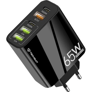 Techsuit - Премиум зарядно за стена PentaXPower (CHC2) - 3x USB QC 3.0, 2x Type-C PD 20W, 65W, GaN, бързо зареждане - черно