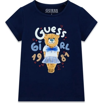 GUESS Тъмно синя тениска за мини момиче с цветни надписи с глитери и мече Guess