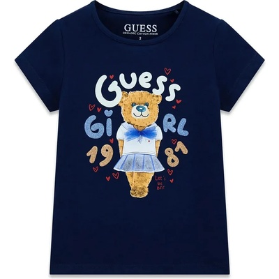 GUESS Тъмно синя тениска за мини момиче с цветни надписи с глитери и мече Guess