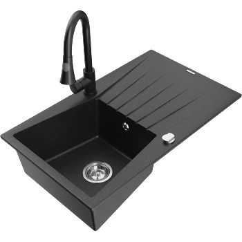 Mexen Cesar гранитна мивка с 1 отделение с отцедник и кухненски смесител Elia, черен/сребрист металик - 6514-73-670101-70 (6514-73-670101-70)