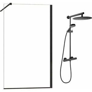 Fluminia Комплект душ кабина Mediterraneo Foxy Walk-In, черен цвят 100x200 см и душ колона FDesign Anima Quadro, черен цвят (foxy100black+FD5-ANA-7U-22)