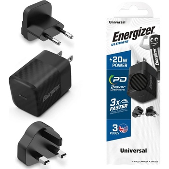Energizer Зарядно устройство Energizer A20MU, USB-C, EU, UK, US, 20W, Черен (A20MU)