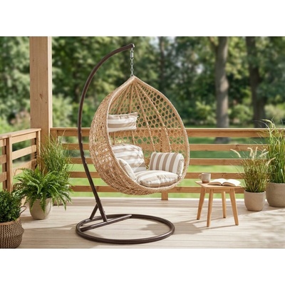 Textilomanie Světlé hnědé závěsné křeslo TROPIKAL se stojanem bílo-hnědým polštářem – Sleviste.cz