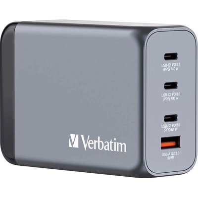 Verbatim GaN Fast Wall Charger 240W - захранване за ел. мрежа за мобилни устройства с 1xUSB-A и 3xUSB-C изходи с технология за бързо зареждане и преходници за цял с
