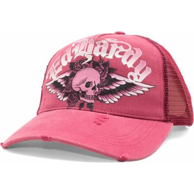 Ed Hardy Flaming Gothic Skull Washed 5 Panel Trucker Cap Pink