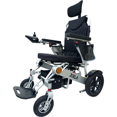Zoela 9005AR Elektrický skládací vozík s automatickým polohováním zádové opěrky Černé polstorování a stříbrný rám