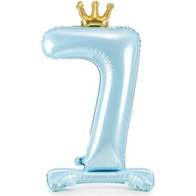 PartyDeco Balónik fóliový stojacie číslo 7 s korunkou svetlo modrý 84 cm