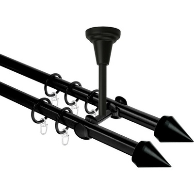 OK-GarnýžeCZ Garnýž kovová dvouřadá 16mm Hrot Double černá 230 cm do stěny / kroužky s žabkou