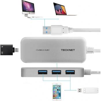 TeckNet USB Хъб TeckNet HU05, 4 порта, от USB Type-A към 4x USB 3.0 Type-A, 5000 Mbit/s, сребрист (HU05 / 43673)